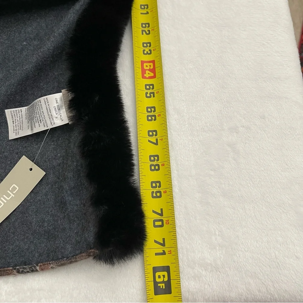 CHICOS NOSZ FUR TRIMMED LEO LACE WRAP. 27”X 70”